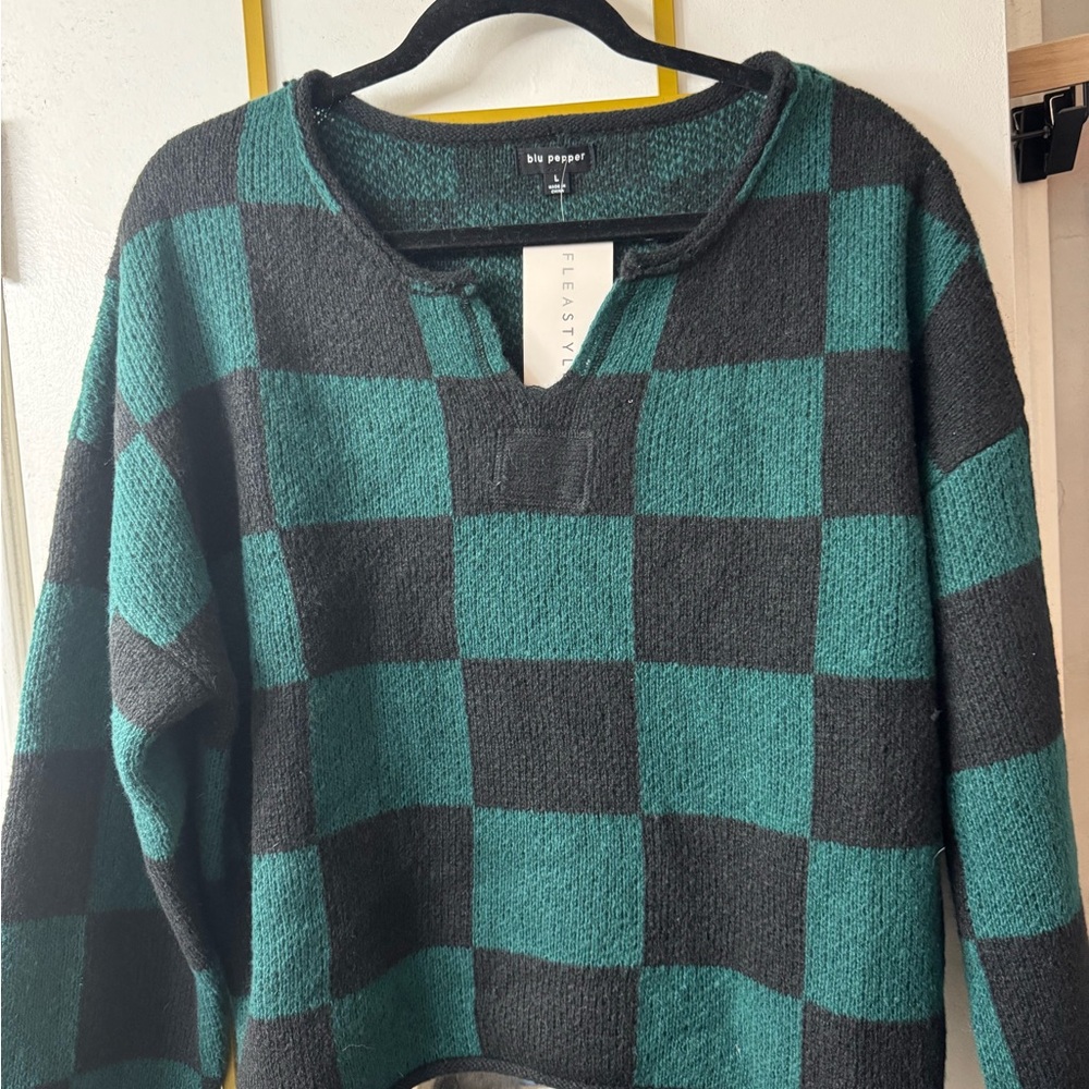 Blu Pepper Teal and Black Checker Knit Pullover